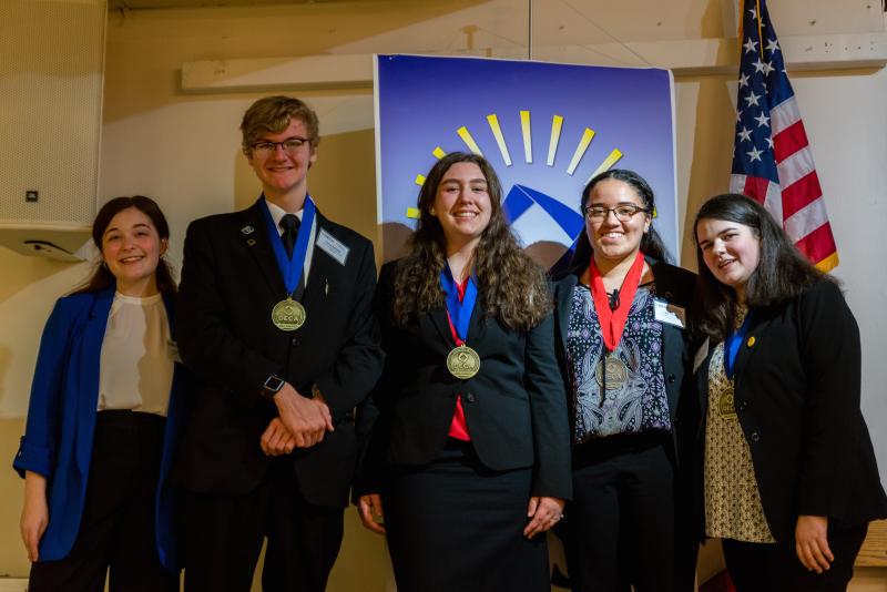 Cape High students were elected to all leadership positions in the DECA Delaware chapter for the 2020-21 school year. They are (l-r) Kaela Rothstein, vice president of career development; Dylan Roberts, vice president of finance; Emily Racz, president; Talia Liburdi, vice president of leadership; and Riley Roberts, vice president of marketing. SUBMITTED PHOTOS